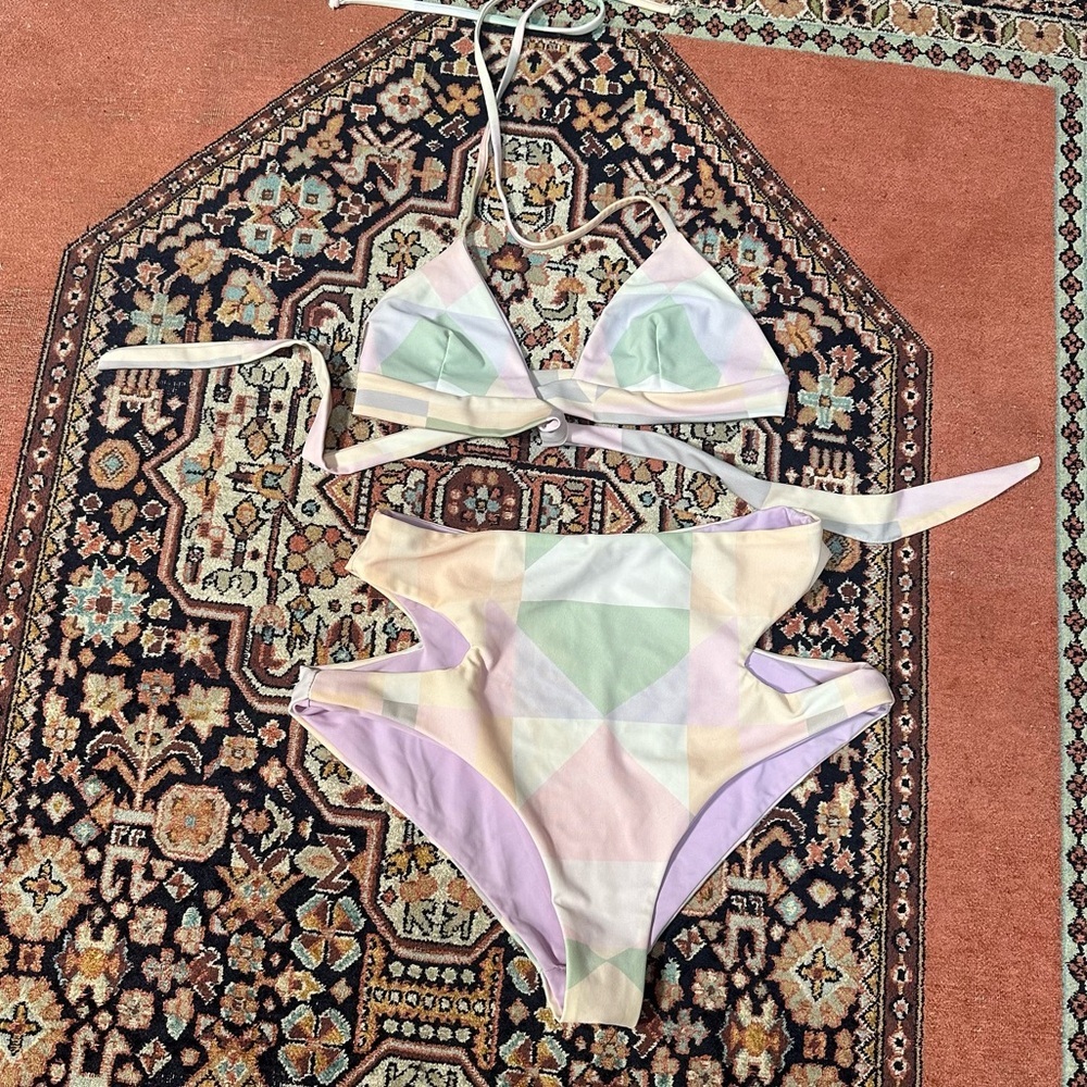 SET Mara Hoffman Diamonds Pastel Bikini BOTTOM & TOP High Waist Cutout Wrap Top - Picture 2 of 13